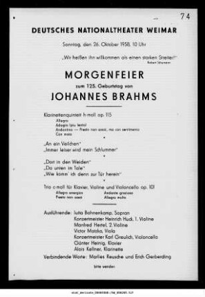 Morgenfeier zum 125. Geburtstag von Johannes Brahms