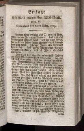 Beilage zum neuen medicinischen Wochenblatt. Nro. V. Sonnabend den 14ten März, 1789.