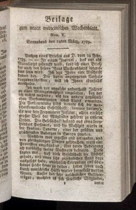 Beilage zum neuen medicinischen Wochenblatt. Nro. V. Sonnabend den 14ten März, 1789.