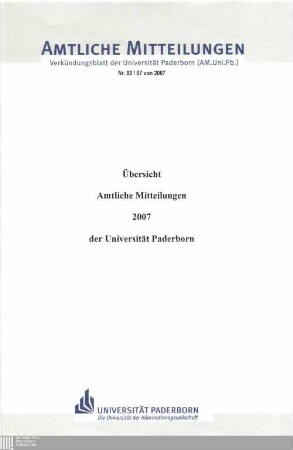 Übersicht Amtliche Mitteilungen 2007 der Universität Paderborn : [Verzeichnis der Amtlichen Mitteilungen der Universität Paderborn ; vom 1. Januar 2007 - 31. Dezember 2007]