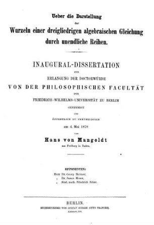 Ueber die Darstellung der Wurzeln einer dreigliedrigen algebraischen Gleichung durch unendliche Reihen