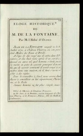 Eloge Historique De M. De La Fontaine Par M. l'Abbé d'Olivet.