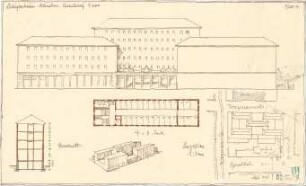 Fischer, Theodor; München - Westend, Bergmannstr.; Ledigenheim - Vorentwurf (Lageplan, Grundriss 4. OG u. 5. OG, Ansicht, Perspektive, Querschnitt)