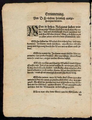 Erinnerung. Von D. Coelestini heimlich ausgesprengten Buechlin.