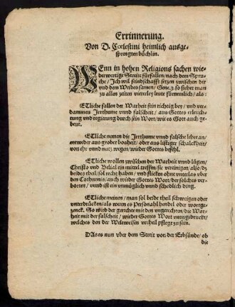 Erinnerung. Von D. Coelestini heimlich ausgesprengten Buechlin.