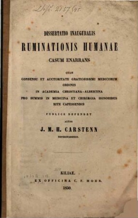 Dissertatio inauguralis ruminationis humanae casum enarrans