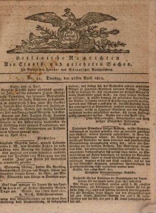 Berlinische Nachrichten von Staats- und gelehrten Sachen. 1812,1/4