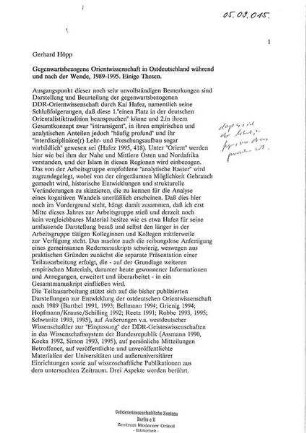 Gegenwartsbezogene Orientwissenschaft in Ostdeutschland während und nach der Wende, 1989-1995. Einige Thesen
