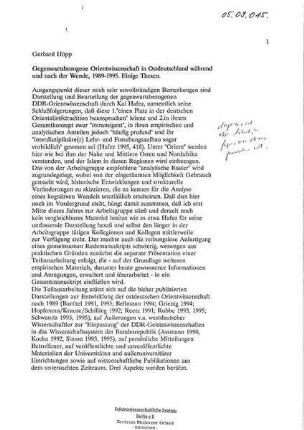 Gegenwartsbezogene Orientwissenschaft in Ostdeutschland während und nach der Wende, 1989-1995. Einige Thesen