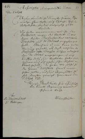 Festlegung des Rangs des Professors Thompson vor dem des Professors Colomb du Clos.