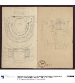 Grundriss und Bühnenansicht eines Theaters & Grundriss einer Schlossanlage in Anlehnung an Chambord (Kamenz?)