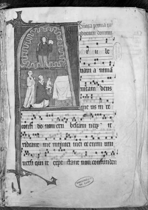 Graduel (hiver) / Graduel de Vauclair (hiver) / Graduale / Graduel cistercien / Missale — Messtext des 1. Advents mit Noten und Initial A, in dem Christus mit Weltkugel und die Darbringung dargestellt sind, Folio fol. 1 r