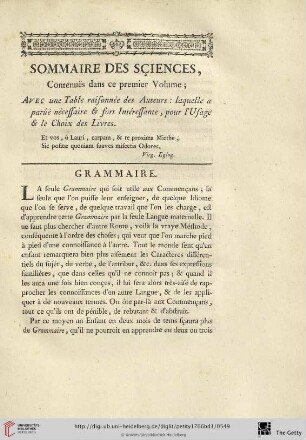 Sommaire des sçiences