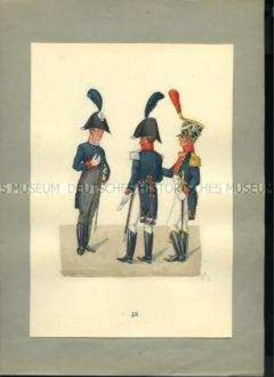 Uniformdarstellung, Tranchée-Sergeant (Kondukteur), Ingenieur, Offizier der Fußartillerie, Sachsen, 1810/1811. Veränderte Kopie aus: Abbildung der neu organisierten Königlich-Sächsischen Armee.