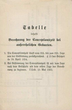 Tabelle behufs Berechnung der Conceptionszeit bei außerehelichen Geburten.