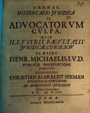 Diss. iur. de advocatorum culpa