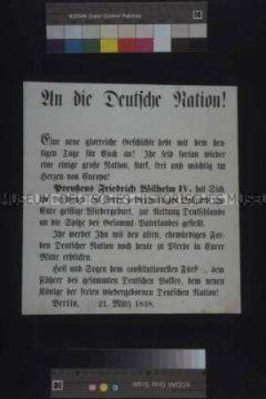 Maueranschlag: An die Deutsche Nation!; Berlin, 21. März 1848. Fragment