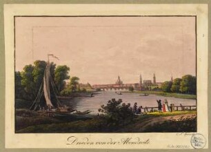 Stadtansicht von Dresden, Blick vom rechten Elbufer auf die Altstadt nach Südosten, Radierung um 1810 : Dresden von der Abendseite / C. F. Sprinck. - [Dresden] , [ca. 1810]. - 1 Kunstblatt : kolorierte Radierung ; 14,6 x 9,4 cm