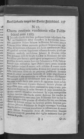 N 11. Charta emtionis venditionis villae Fuhlsbüttel anni 1283.