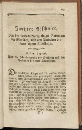 Zweyter Abschnitt. Von der Lebensordnung einiger Gattungen der Menschen, und dem Verhalten bey ihren eignen Krankheiten