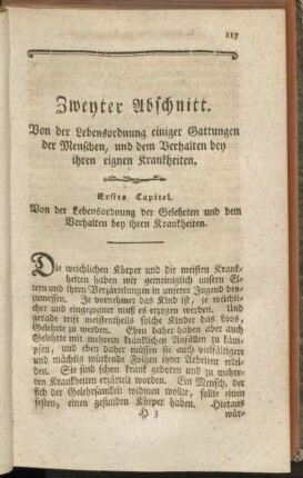 Zweyter Abschnitt. Von der Lebensordnung einiger Gattungen der Menschen, und dem Verhalten bey ihren eignen Krankheiten