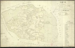 Landesaufnahme des Fürstbistums Osnabrück I Amt Bersenbrück Bl. 5 Kirchspiel: Badbergen Feldmark: Groß Mimmelage Ortschaft: Groß Mimmelage Reinkarte Ausf.-Art: Farbige Zeichnung auf Karton, auf Leinen aufgezogen Herst.: Johann Wilhelm Du Plat Herst.: Georg Wilhelm Du Plat, E.G. Du Plat (Direktion: Johann Wilhelm Du Plat) Format: ca. 70 x 110 cm Maßstab: 1 : 3 840