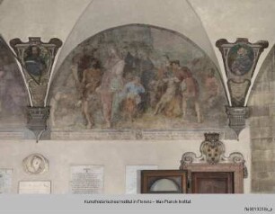 Freskenzyklus mit Darstellungen zu den Ursprüngen des Servitenordens : Amadio Amidei erweckt einen ertrunkenen Knaben und Tod des Seligen auf dem Monte Senario (1266)