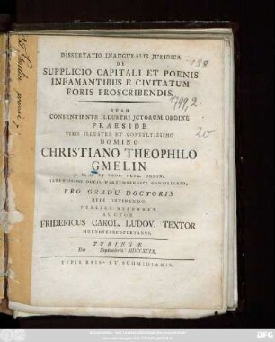 Dissertatio Inauguralis Juridica De Supplicio Capitali Et Poenis Infamantibus E Civitatum Foris Proscribendis