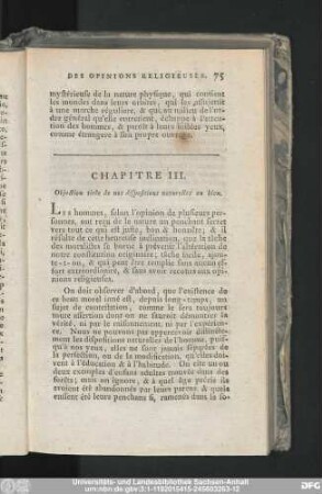 Chapitre III. Objection tirée de nos dispositionis naturelles an bien.