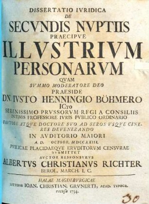 Dissertatio ivridica de secvndis nvptiis, praecipve illvstrivm personarvm