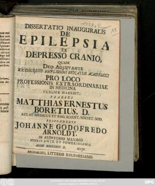 Dissertatio Inauguralis De Epilepsia Ex Depresso Cranio