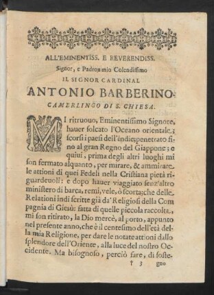All'Eminentiss. e Reverendiss. Signor ... Antonio Barberino ...