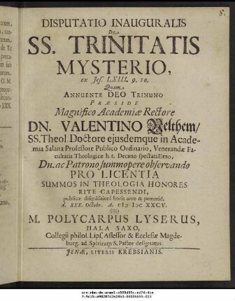 Disputatio Inauguralis De SS. Trinitatis Mysterio, ex Jes. LXIII. 9. 10.