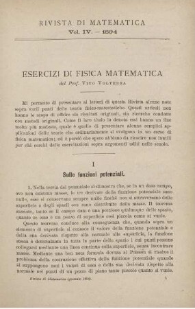Esercizi di fisica matematica. I. Sulle funzioni potenziali.