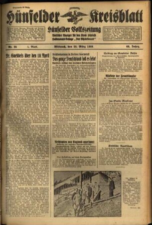 Erste Ausgabe vom Mittwoch, den 23. März 1938.