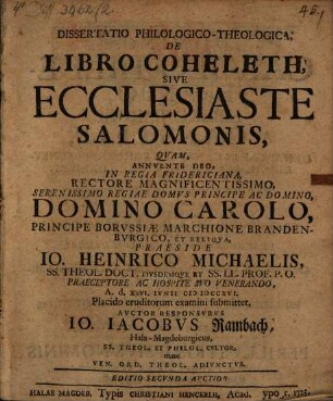 Dissertatio Philologico-Theologica, De Libro Coheleth, Sive Ecclesiaste Salomonis
