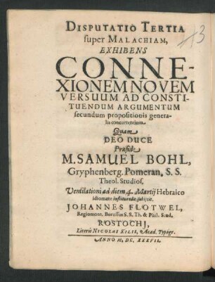 Disputatio Tertia super Malachiam, Exhibens Connexionem Novem Versuum Ad Constituendum Argumentum secundum propositionis generalis concurrentium