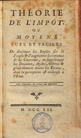 Théorie de l'Impôt, ou moyens surs et faciles ...