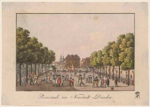 Dresden, die Promenade auf der Hauptstraße in der Neustadt nach Süden mit Blick auf das Reiterstandbild August des Starken (Goldenen Reiter), das Blockhaus, die Augustusbrücke und die Altstadt