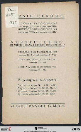 Versteigerung: Dienstag, den 27. Oktober 1925, Mittwoch, den 28. Oktober 1925