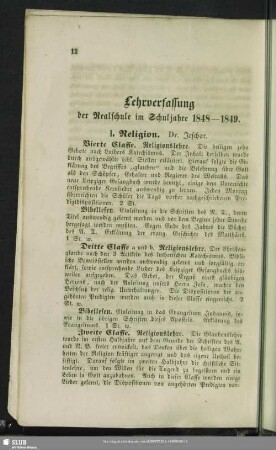 Lehrverfassung der Realschule im Schuljahre 1848-1849
