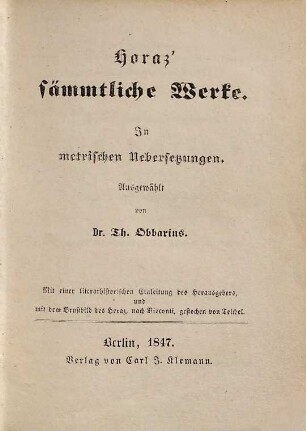 Horaz' sämmtliche Werke : in metrischen Übersetzungen
