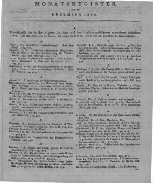 Monatsregister vom Dezember 1820