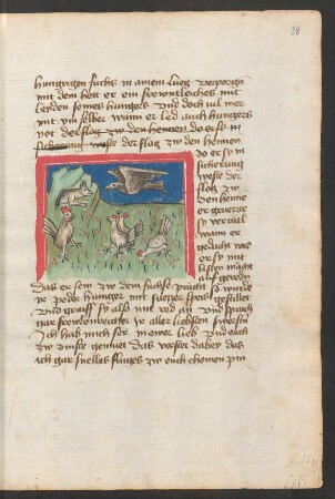 Rabe, fromm gewordener Fuchs, Hühner und Hahn