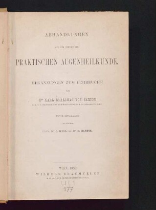 Abhandlungen aus dem Gebiete der praktischen Augenheilkunde : Ergänzungen zum Lehrbuche