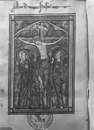 Psautier à l'usage de l'abbaye de Sainte-Elisabeth de Genlis — Ave benigne Jhesu / Kreuzigungsgruppe, Folio fol. 13