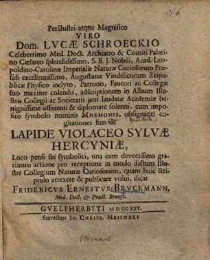 Epistola de Lapide Violacco Sylvae Hercyniae