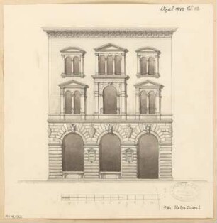 Wohnhaus mit Laden Monatskonkurrenz April 1877: Aufriss Straßenansicht; Maßstabsleiste
