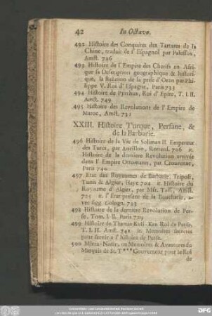 XXIII. Histoire Turque, Persane, & de la Barbarie.
