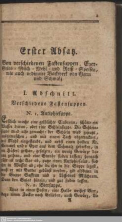 Erster Absatz Von verschiedenen Fastensuppen, Eyer-, Gries-, Milch-, Mehl- und Reiß-Speisen, wie auch ordinaire Backwerk von Germ und Schmalz